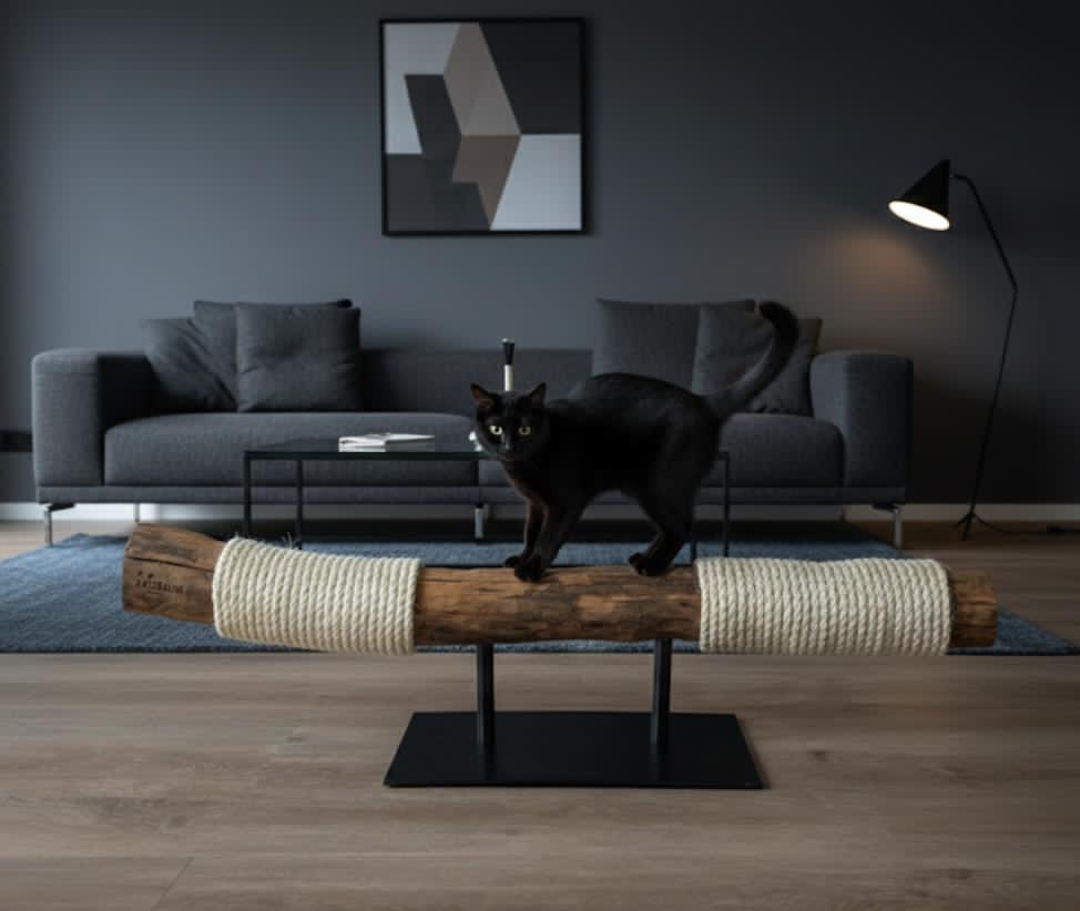 Schwarze Katze balanciert auf dem horizontalen Naturholz-Kratzstamm „Samurai Black Edition“ – exklusives Katzenmöbel-Design mit massivem schwarzen Metallfuß von der Katzbaum Manufaktur Baden-Baden