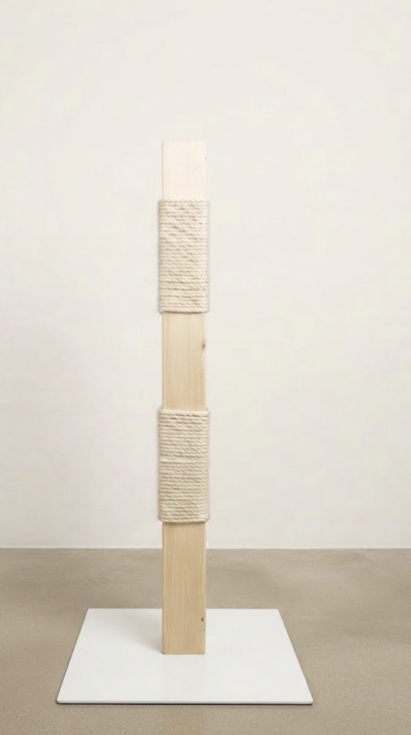 Handgefertigte eckige Kratzsäule mit weißer Bodenplatte und Sisal-Umwicklung von Katzbaum Manufaktur