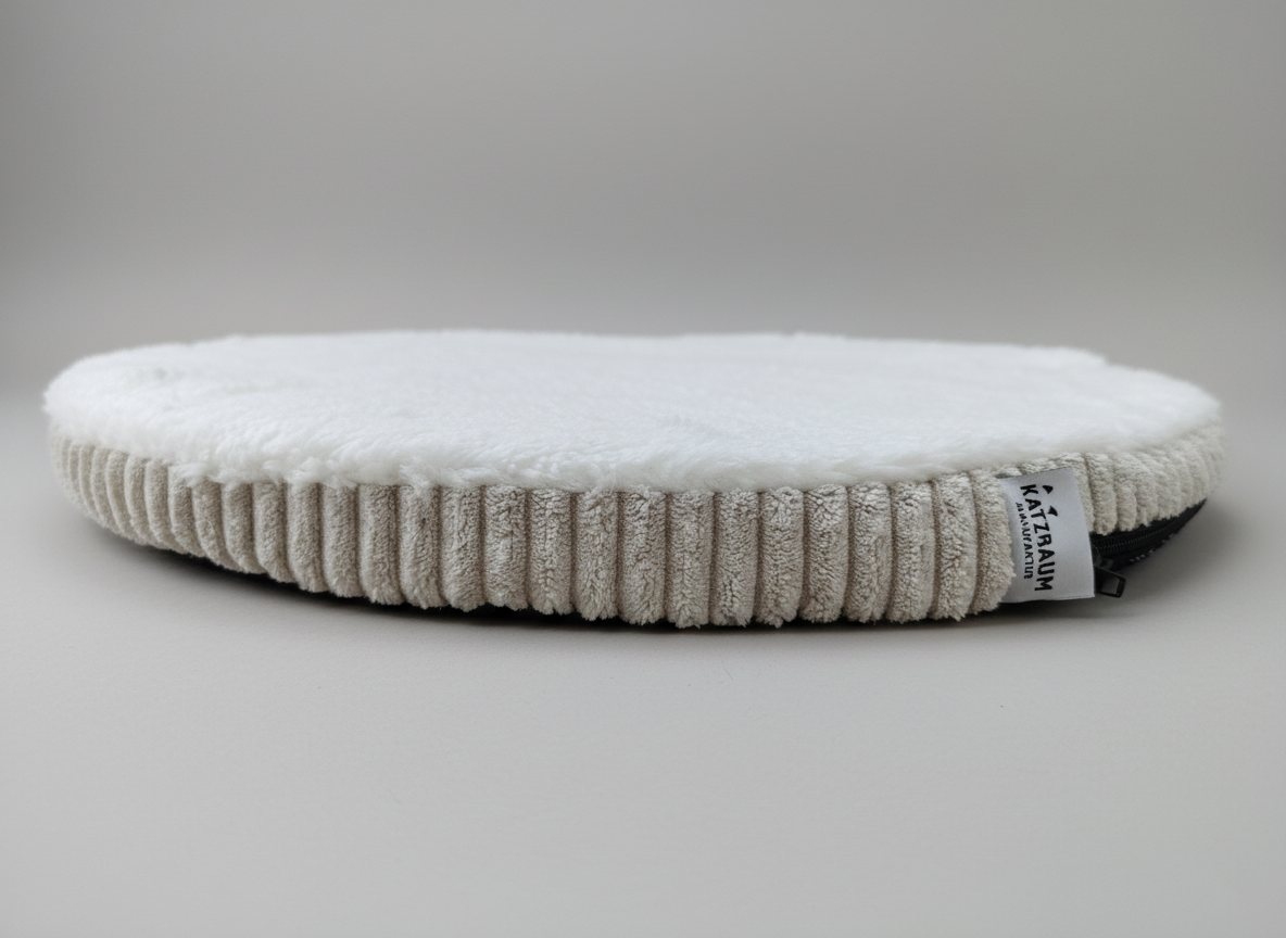 Flauschige beige Polsterauflage für Katzenliegeflächen mit sichtbarem Katzbaum-Manufaktur-Label – waschbares Ersatzteil und Zubehör für Naturholz-Kratzbäume