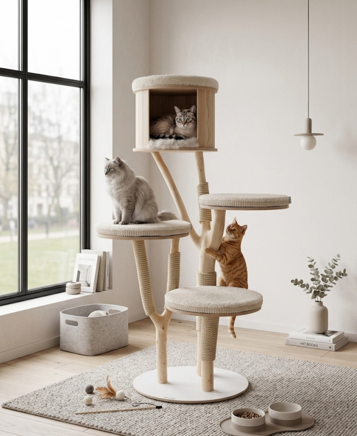 Moderner Naturkratzbaum der Katzbaum-Manufaktur mit exklusiver Kuschelhöhle, drei runden Liegeflächen aus Echtholz und weißer Metallbodenplatte für maximale Stabilität bei großen Katzen.