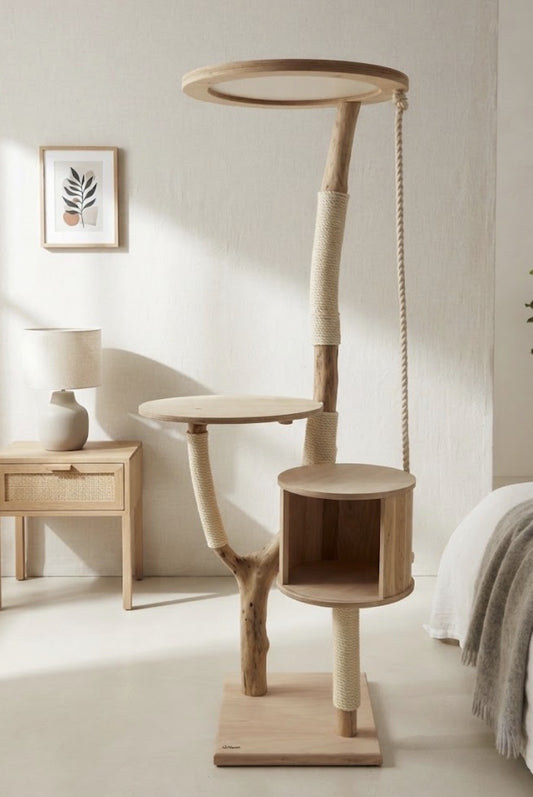 Großer Design-Naturkratzbaum (1,80 m) stilvoll in einem modernen Wohnzimmer eingerichtet.