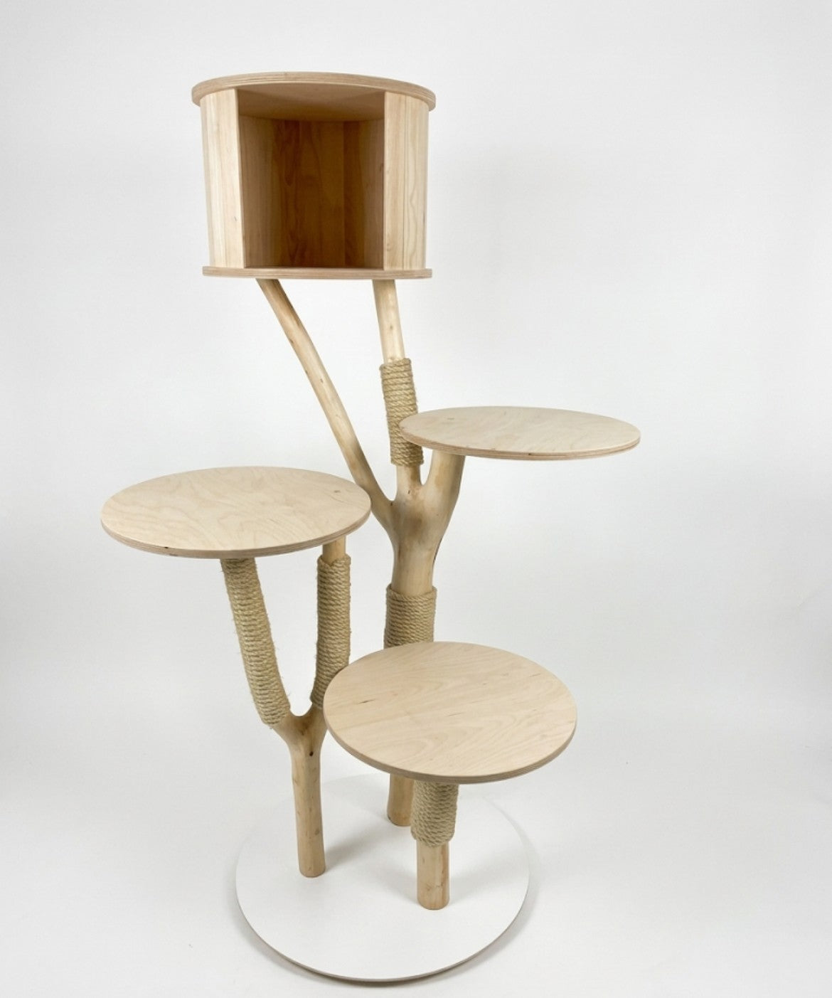 Minimalistischer Naturkratzbaum aus massivem Echtholz mit integrierter Kuschelhöhle, drei runden Multiplex-Ebenen und weißer Bodenplatte für ein modernes Wohnambiente.