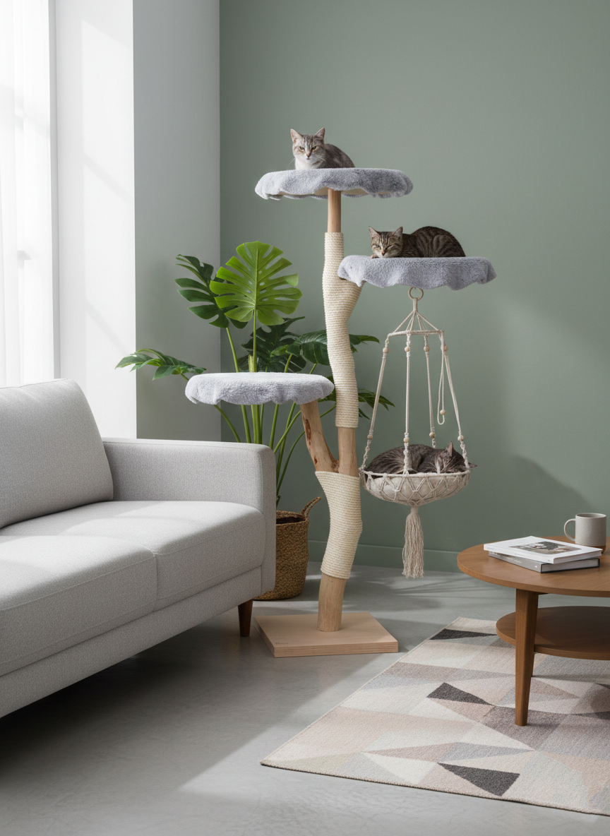 Ein deckenhoher Naturkratzbaum aus echtem Holz mit mehreren Liegeebenen und einer Makramee-Hängematte, auf dem drei Katzen in einem modernen Wohnzimmer entspannen.