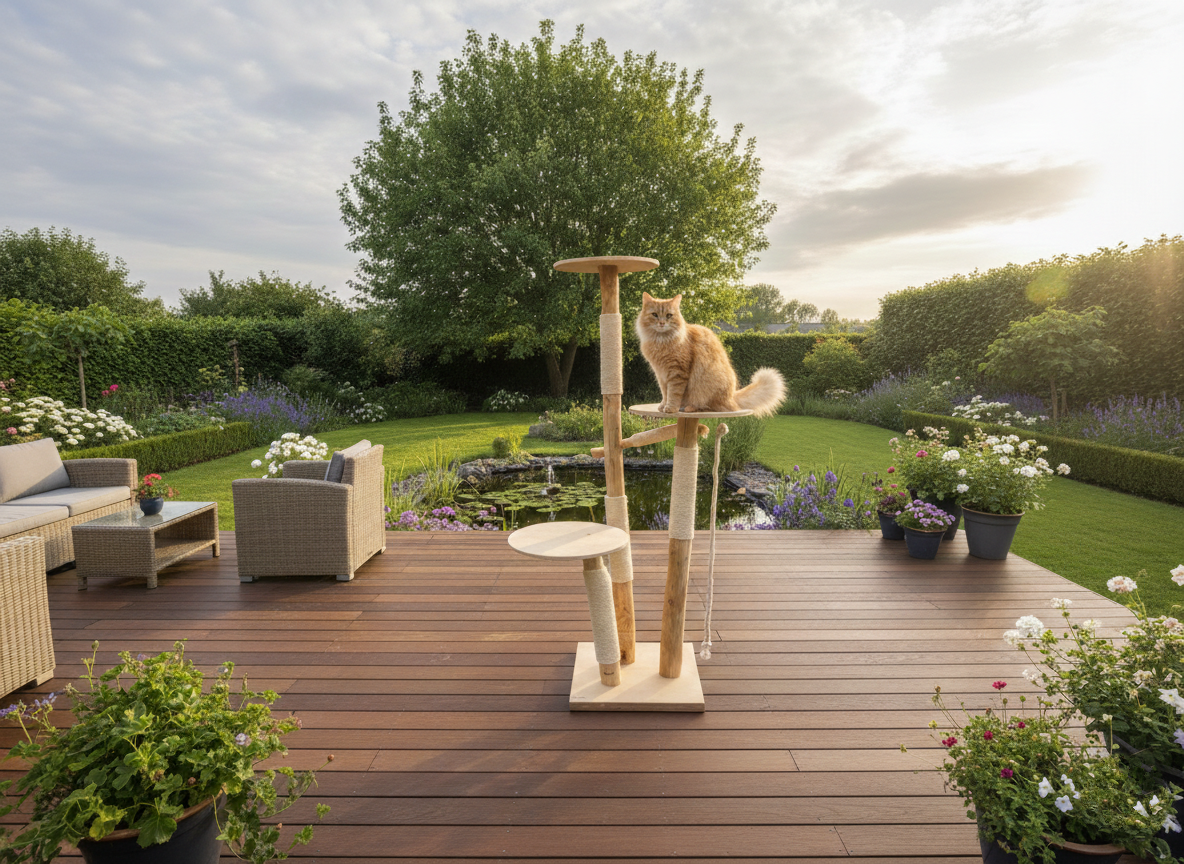 Exklusiver Outdoor-Kratzbaum aus Naturholz auf einer modernen Holzterrasse mit einer Katze auf der mittleren Liegefläche – Design-Katzenmöbel für Garten und Balkon