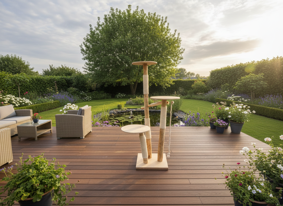 Massiver Naturholz-Kratzbaum mit drei Ebenen auf einer modernen Holzterrasse im Garten – Wetterfeste Katzenmöbel für den Außenbereich von der Katzbaum Manufaktur Baden-Baden